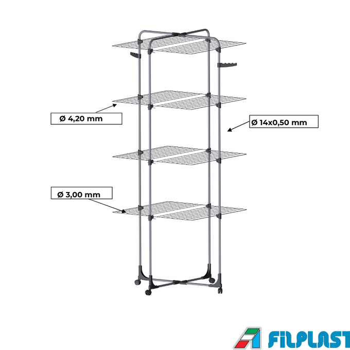 FILPLAST Απλώστρα Τηλεσκοπική 72x72x181cm 4 Επιπέδων Μεταλλική Τροχήλατη Βάρος 6kg MAGNETIC 46 Ιταλίας