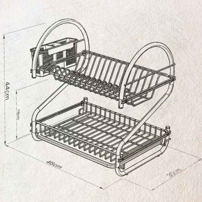 TEKNO-TEL Πιατοθήκη Στεγνωτήριο 2όροφο 46x30x44cm 15 Θέσεις Πιάτων Ανοξείδωτη με Θήκη και Δίσκο