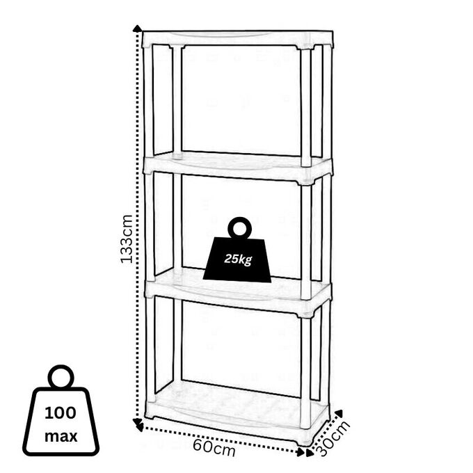 ARTPLAST Ιταλίας Πλαστική Ραφιέρα 4kg 4όροφη 60x30x133cm Αντοχή Ραφιού 25kg Max Αντοχή 100kg Σταθερά Ράφια Μαύρο