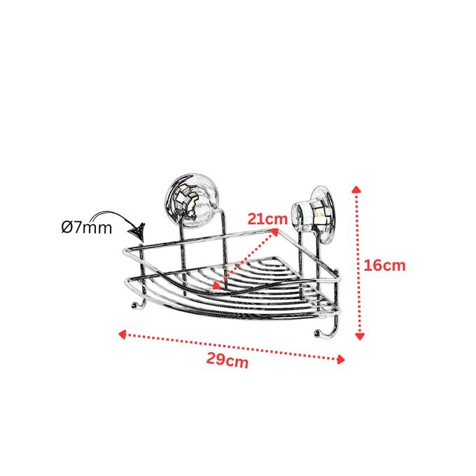 TEKNO-TEL Γωνιακή Ραφιέρα Μπάνιου 29x21x16cm Πάχος 7mm Αντοχή 12kg Επιχρωμιωμένο Ατσάλι με Βεντούζα EXTRA STRONG