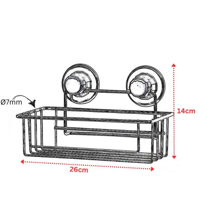 TEKNO-TEL Ραφιέρα Μπάνιου 26x11x14cm Πάχος 7mm Αντοχή 12kg Επιχρωμιωμένο Ατσάλι με Βεντούζα EXTRA STRONG