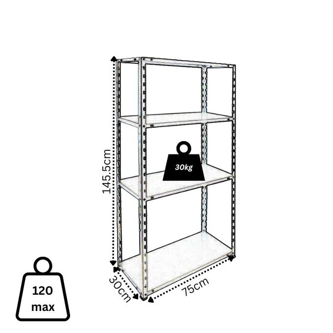 VESTA Μεταλλική Γαλβανιζέ Ραφιέρα Dexion 4όροφη 75x30x145.5cm 5kg MAX Αντοχή 120kg (30kg / Ράφι)