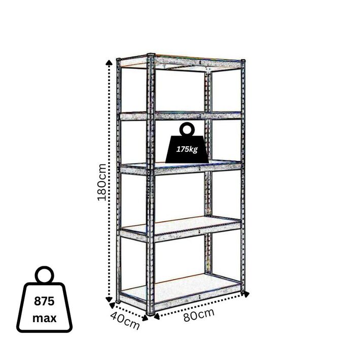 VESTA Μεταλλική Γαλβανιζέ Ραφιέρα Dexion 5όροφη 80x40x180cm με Μοριοσανίδες Πάχους 4mm 12kg Πάχος Δοκών 0.63mm MAX Αντοχή 875kg (175kg / Ράφι)