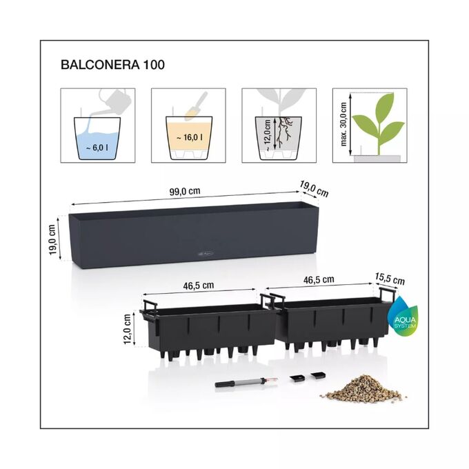 LECHUZA Balconera Color 100 Ζαρντινιέρα 100x19x19cm Αυτοποτιζόμενη με Δοχείο Φύτευσης Slate Γερμανίας